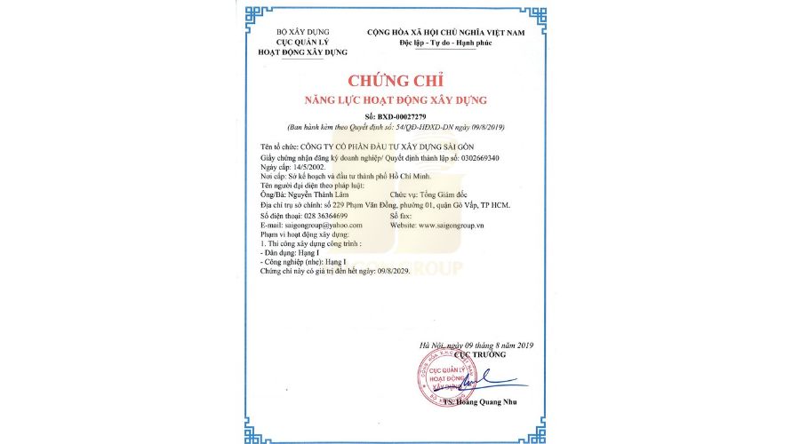 CHỨNG CHỈ XÂY DỰNG DÂN DỤNG & CÔNG NGHIỆP HẠNG I